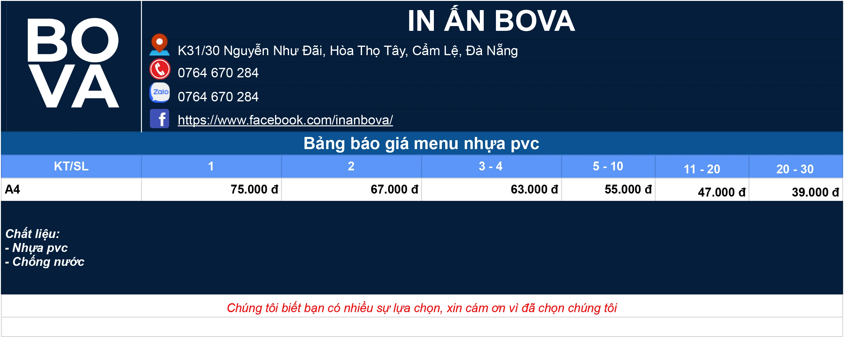 Bảng giá menu pvc in ấn BOVA